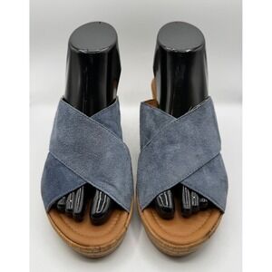 Mila Paoli Women 9 Blue Suede Wedge Peep Toe Sandals Platform Espadrille